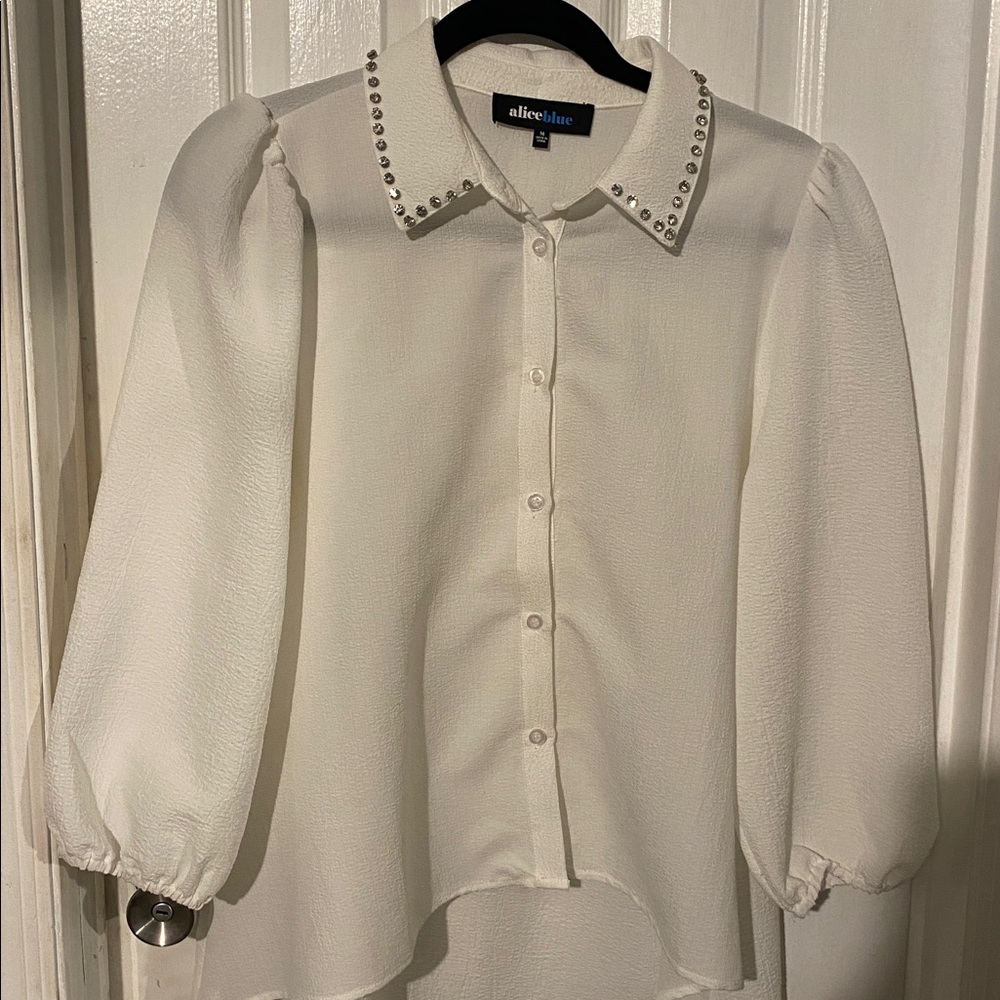 Alice blue White Blouse with Studded Collar